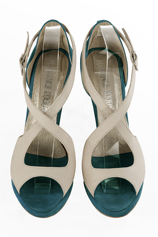 Champagne white and peacock blue women's closed back sandals, with crossed straps. Round toe. Very high slim heel with a platform at the front. Top view - Florence KOOIJMAN